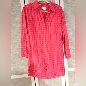 Anthropologie Textured Tunic Button Down Shirt In Pink Check Small